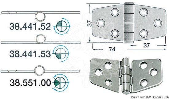 Polished stainless steel hinge 2mm- 74x37 mm projecting knuckle