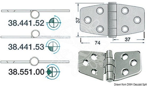 [3844153] Polished stainless steel hinge 2mm- 74x37 mm projecting knuckle
